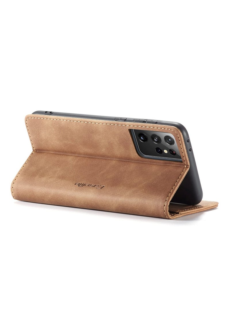 CaseMe Phone Case Luxury PU Leather Design 013 Flip Cover Card Slot Holder Cover For Samsung Galaxy S21 Ultra (Brown) - Image 2
