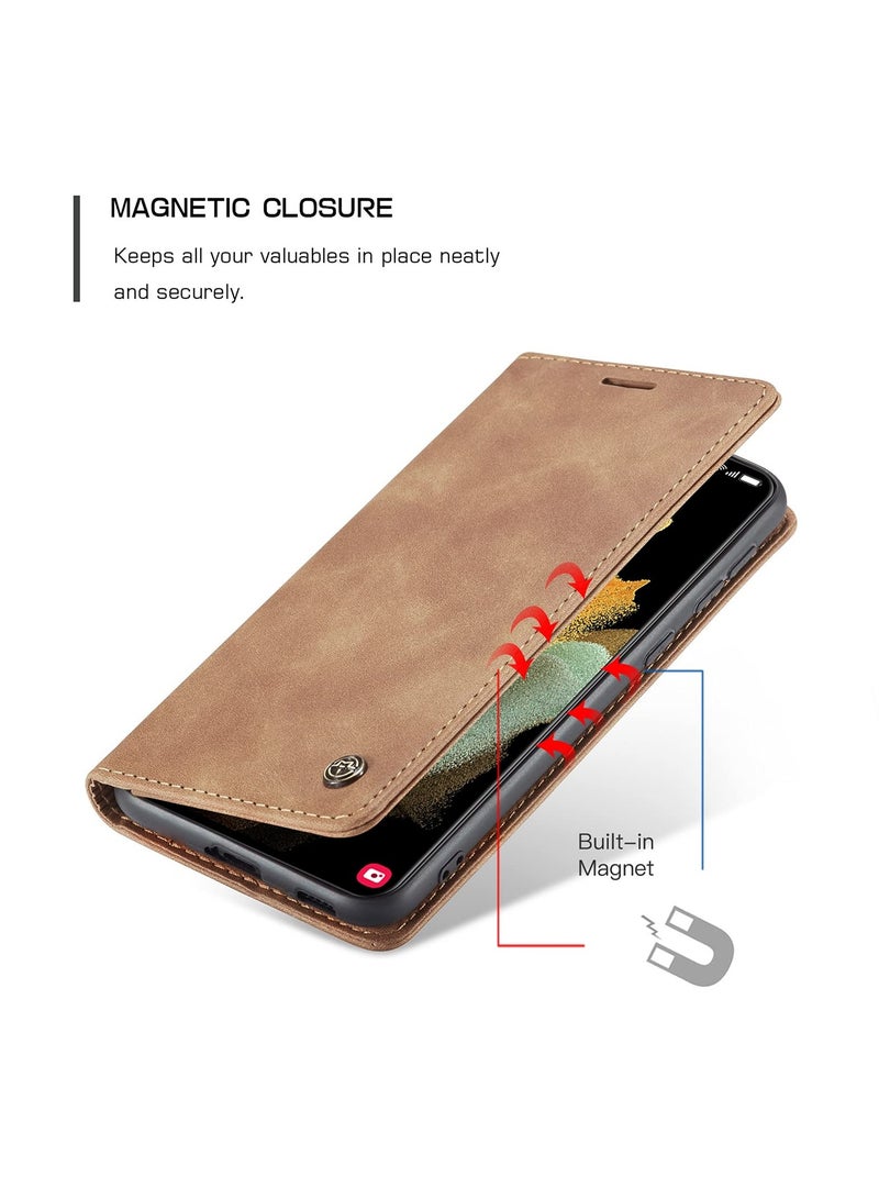 CaseMe Phone Case Luxury PU Leather Design 013 Flip Cover Card Slot Holder Cover For Samsung Galaxy S21 Ultra (Brown) - Image 3