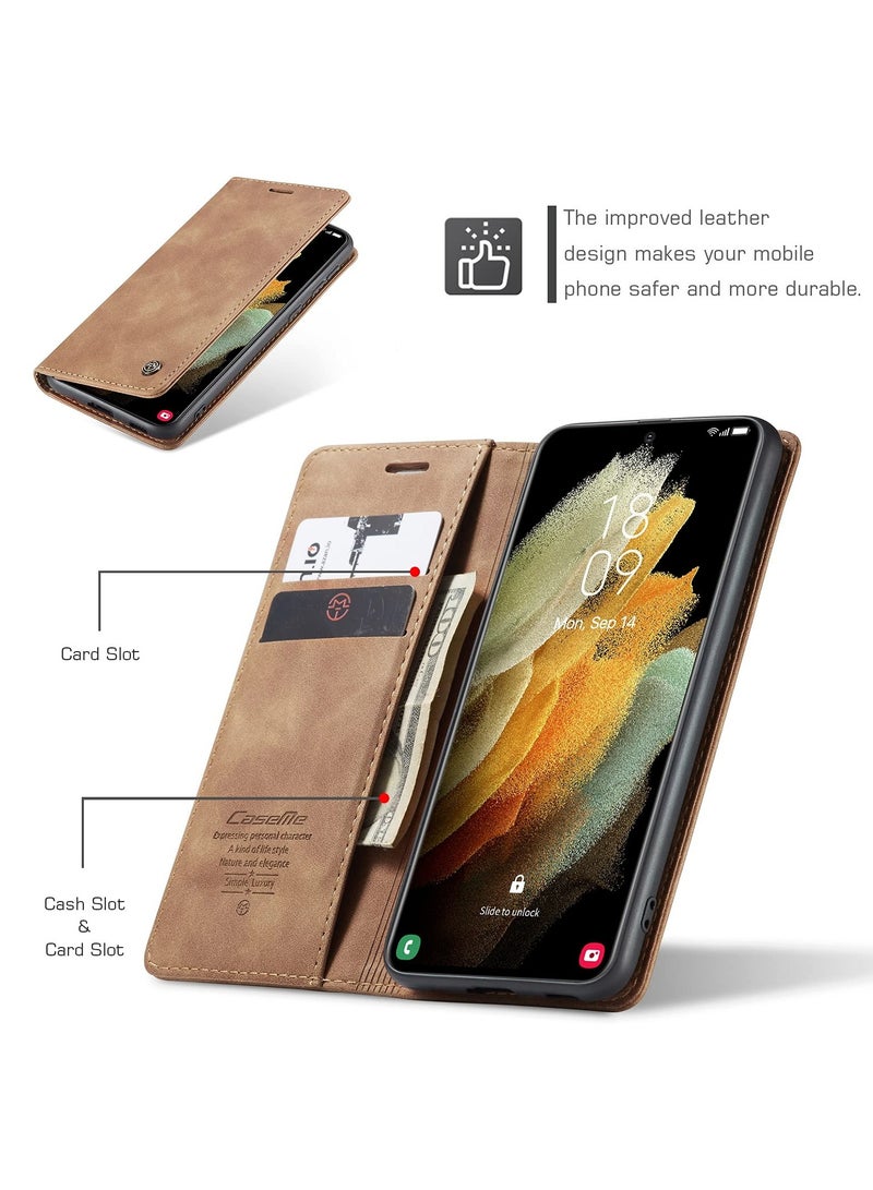 CaseMe Phone Case Luxury PU Leather Design 013 Flip Cover Card Slot Holder Cover For Samsung Galaxy S21 Ultra (Brown) - Image 4