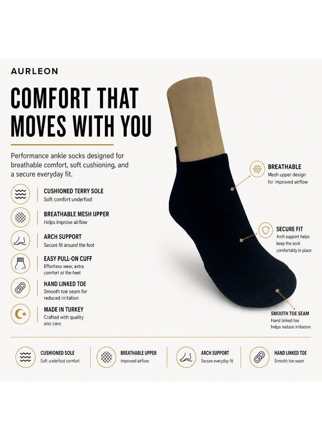 Aurleon 89% Cotton Cushioned Ankle Socks – 3 Pack – Arch Support - Image 2