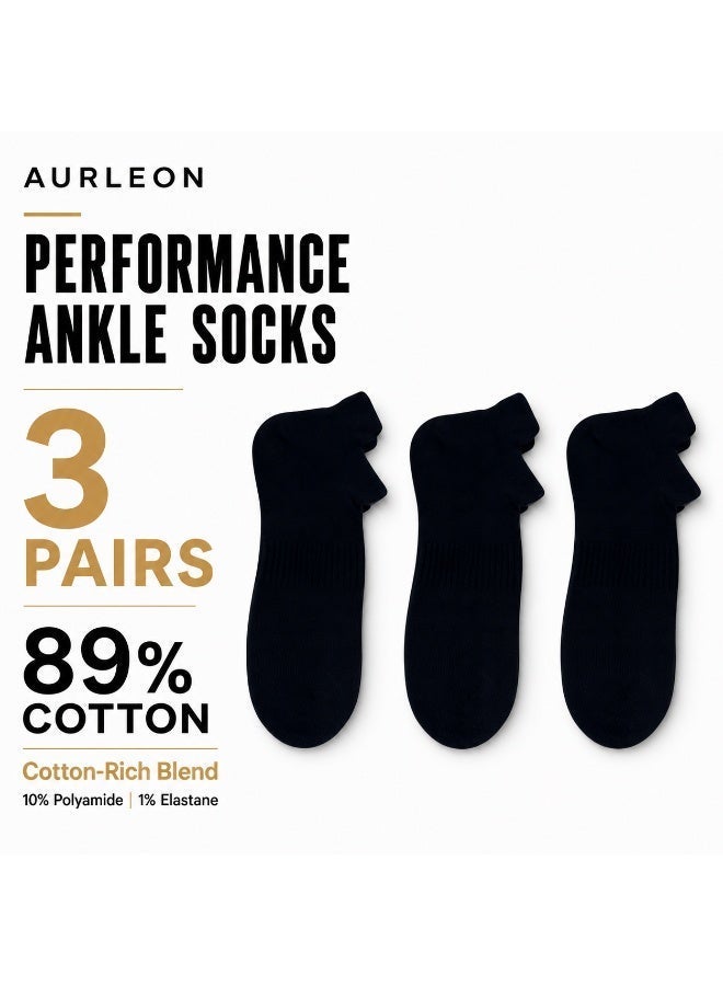 Aurleon 89% Cotton Cushioned Ankle Socks – 3 Pack – Arch Support - Image 1