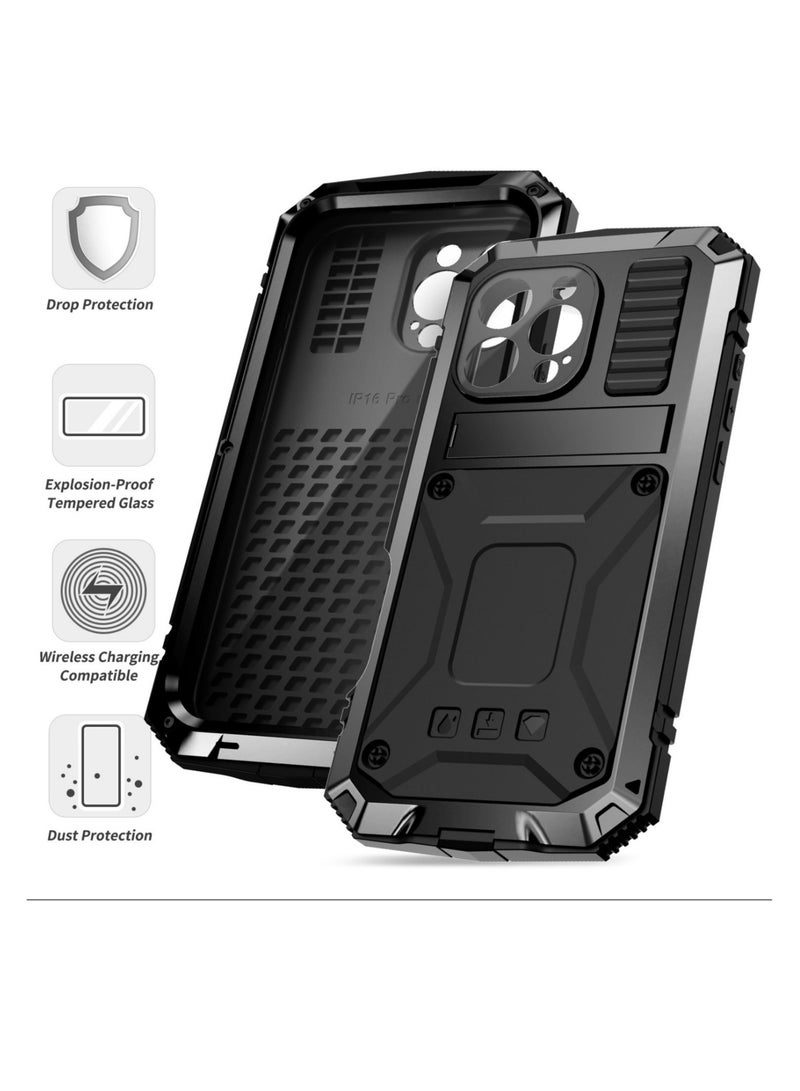 iPhone 16 Pro Max Case  Tempered Glass Screen Protector  Solid Metal Frame  Drop-Proof Phone Case with Stand  Black - Image 3