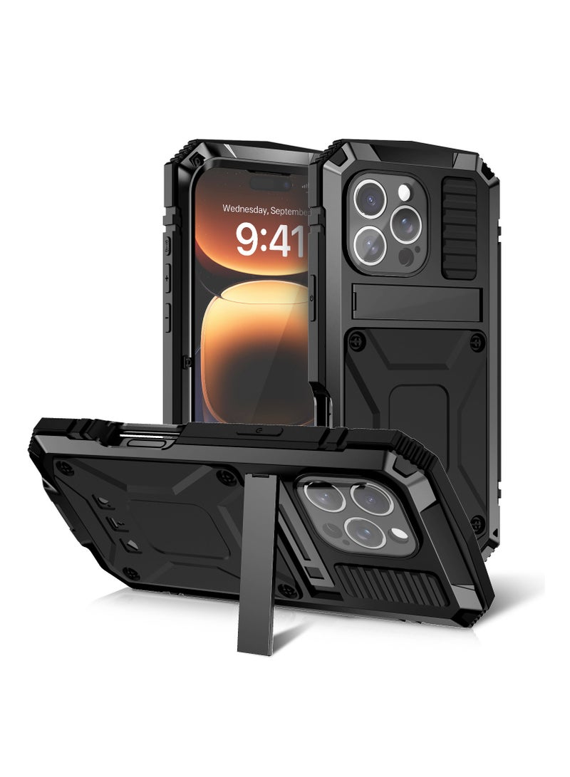 iPhone 16 Pro Max Case  Tempered Glass Screen Protector  Solid Metal Frame  Drop-Proof Phone Case with Stand  Black - Image 1