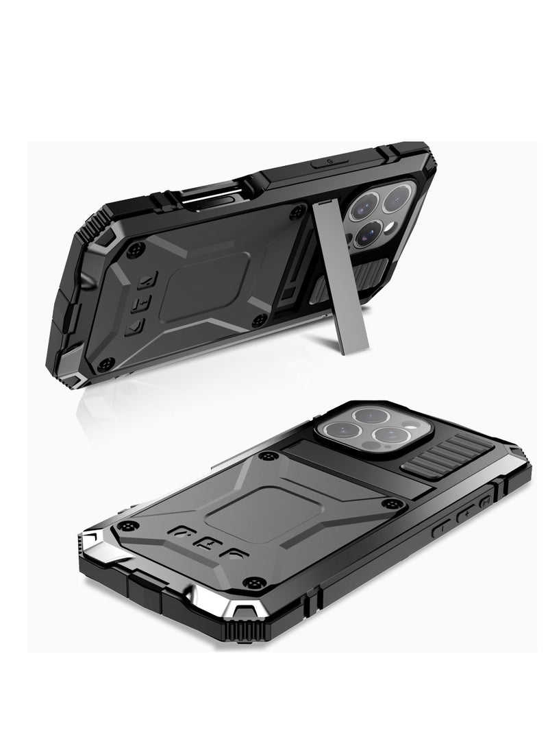 iPhone 16 Pro Max Case  Tempered Glass Screen Protector  Solid Metal Frame  Drop-Proof Phone Case with Stand  Black - Image 2
