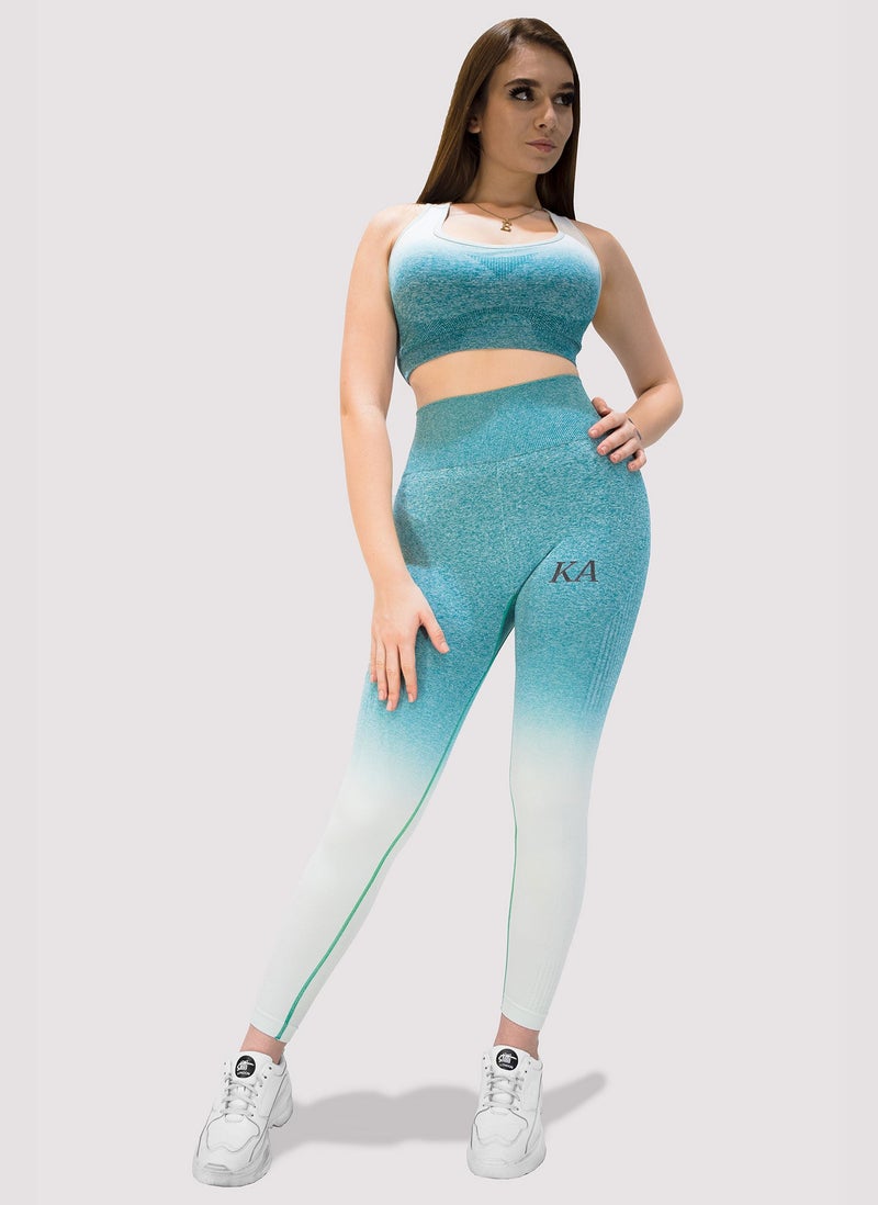 KIDWALA ACTIVE Kidwala 2 Pieces Armour Set - High Waisted Seamless Leggings with Sports half Sleeves Top Workout Gym Yoga Ombre color Outfit for Women (Small, white & Teal) - Image 1