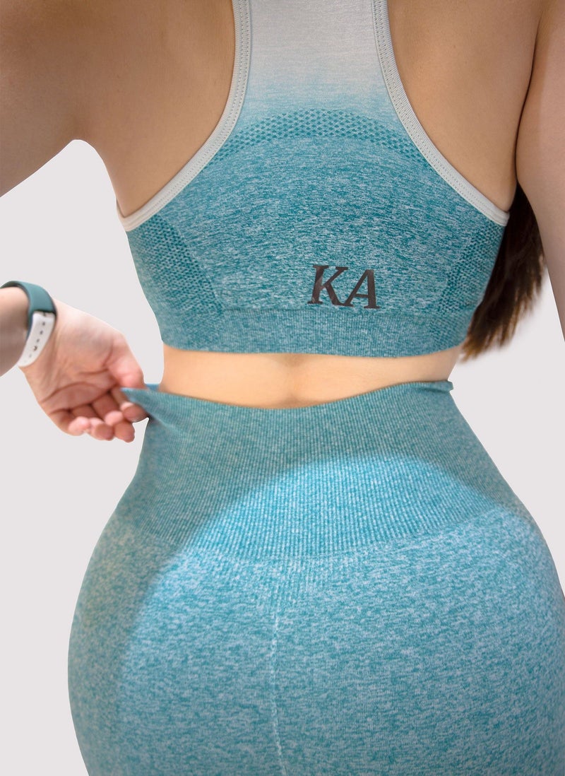 KIDWALA ACTIVE Kidwala 2 Pieces Armour Set - High Waisted Seamless Leggings with Sports half Sleeves Top Workout Gym Yoga Ombre color Outfit for Women (Small, white & Teal) - Image 4