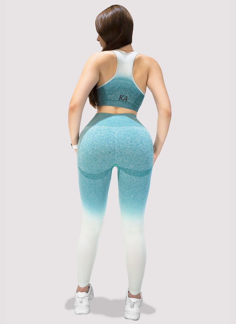 KIDWALA ACTIVE Kidwala 2 Pieces Armour Set - High Waisted Seamless Leggings with Sports half Sleeves Top Workout Gym Yoga Ombre color Outfit for Women (Small, white & Teal) - Image 3