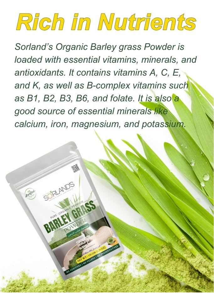 Sorland's Sorland's Organic Barley Grass Powder- 150g | Superfood Rich in Antioxidants, Vitamins & Minerals | Detoxify, Energize & Boost Immunity, Digestive Health | Non-GMO, Gluten Free  - Image 2