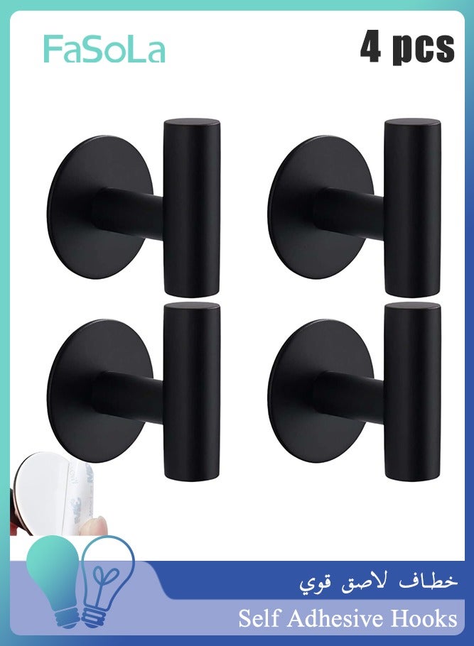 Fasola Self Adhesive Hooks, 4-Pack Black Rustproof Stainless Steel Adhesive Hooks, Heavy Duty No Drill Wall Hooks for Towels and Coats, Waterproof Adhesive Bathroom and Kitchen Hooks for Home Organization (Matte Black) - Image 1