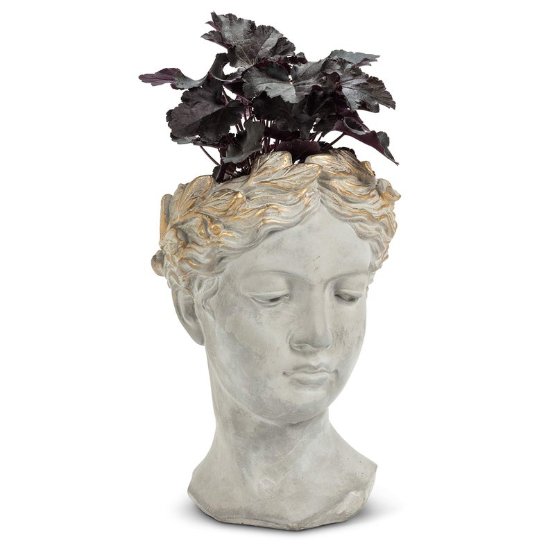 Abbott Collection Aphrodite Head Planter â€“ Large Indoor and Outdoor Planter Pots - Whimsical Woman Statue Head Planter for Flowers and Succulents (10 inch, Grey/Gold) - Image 2