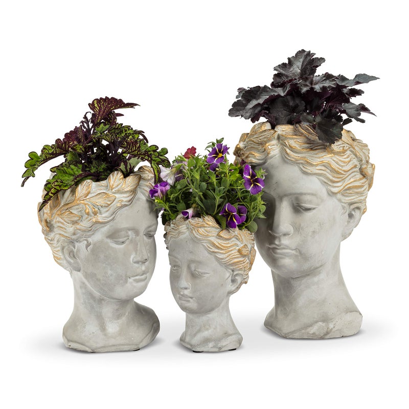 Abbott Collection Aphrodite Head Planter â€“ Large Indoor and Outdoor Planter Pots - Whimsical Woman Statue Head Planter for Flowers and Succulents (10 inch, Grey/Gold) - Image 3