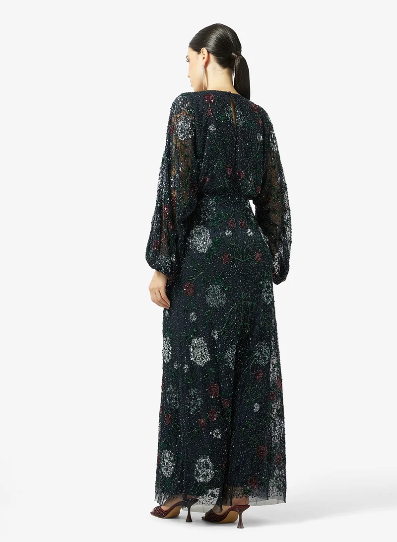Maya Fully Embellished Round Neck Long Blouson Sleeve Maxi Dress