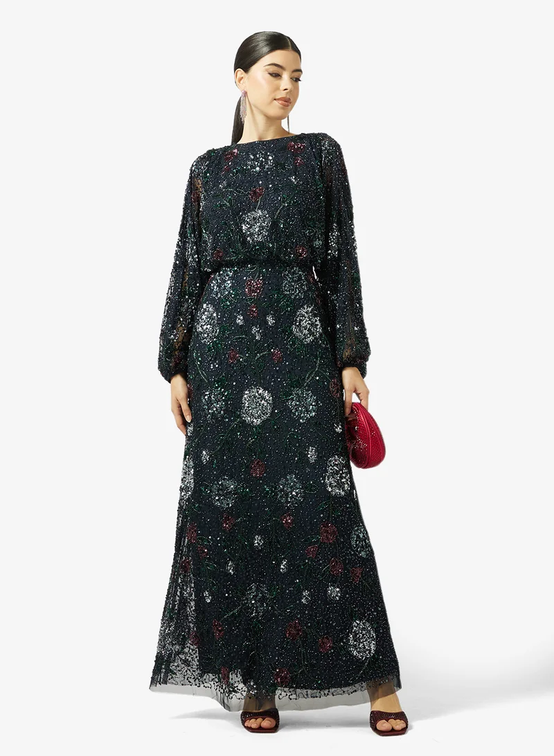 Maya  Fully Embellished Round Neck Long Blouson Sleeve Maxi Dress for Women | Best Price UAE
