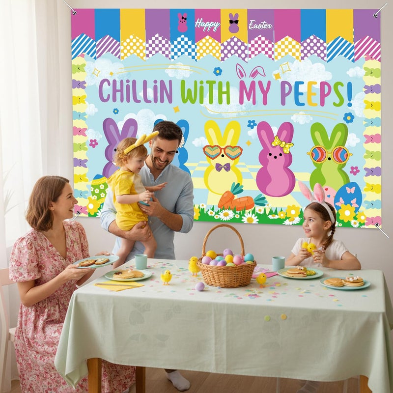 SZTZPW Easter Backdrop Decorations for Home 5x3Ft Happy Easter Banner Backdrop Chillin with My Peps Backdrop for Photography Cute Bunny Pattern Banner Party Wall Background - Image 3