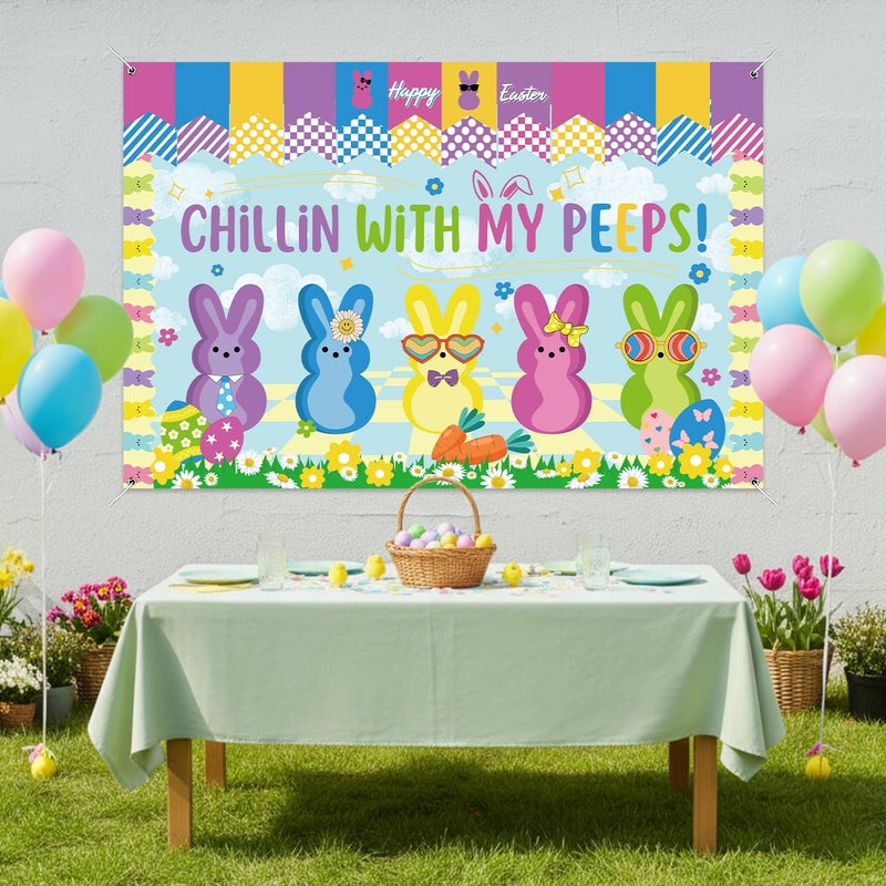 SZTZPW Easter Backdrop Decorations for Home 5x3Ft Happy Easter Banner Backdrop Chillin with My Peps Backdrop for Photography Cute Bunny Pattern Banner Party Wall Background - Image 5