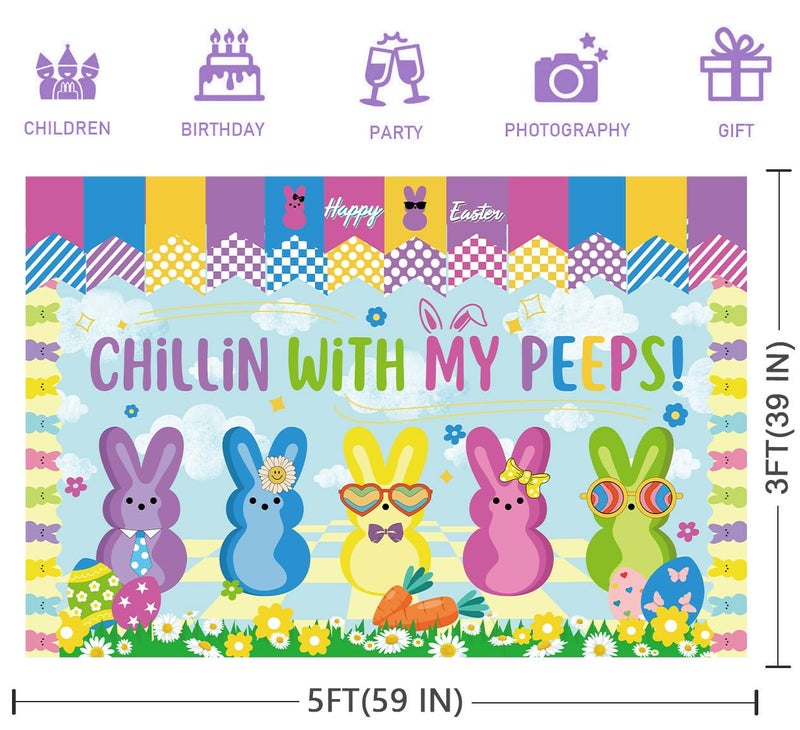 SZTZPW Easter Backdrop Decorations for Home 5x3Ft Happy Easter Banner Backdrop Chillin with My Peps Backdrop for Photography Cute Bunny Pattern Banner Party Wall Background - Image 2