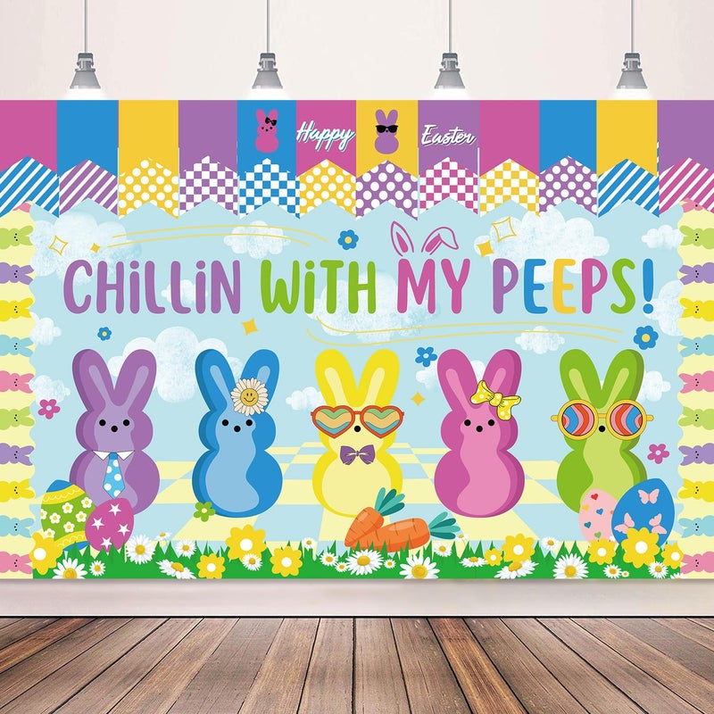SZTZPW Easter Backdrop Decorations for Home 5x3Ft Happy Easter Banner Backdrop Chillin with My Peps Backdrop for Photography Cute Bunny Pattern Banner Party Wall Background - Image 1