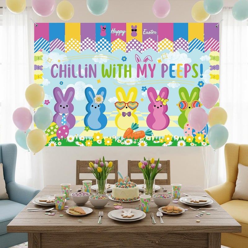 SZTZPW Easter Backdrop Decorations for Home 5x3Ft Happy Easter Banner Backdrop Chillin with My Peps Backdrop for Photography Cute Bunny Pattern Banner Party Wall Background - Image 4