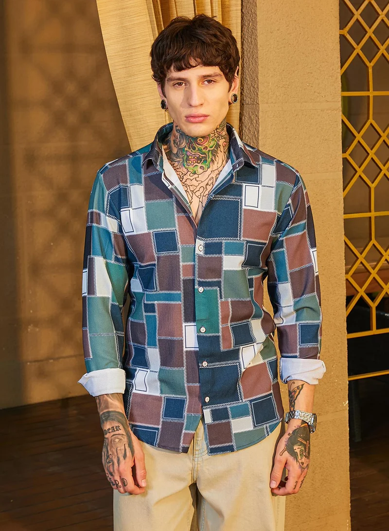 Campus Sutra Men's Emerald Green & Chocolate Brown Patch-Stitch Imprint Shirt