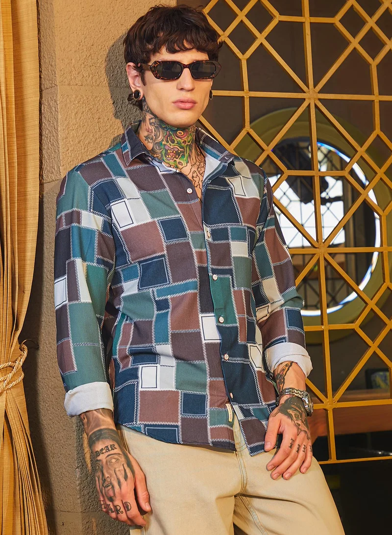 Campus Sutra Men's Emerald Green & Chocolate Brown Patch-Stitch Imprint Shirt
