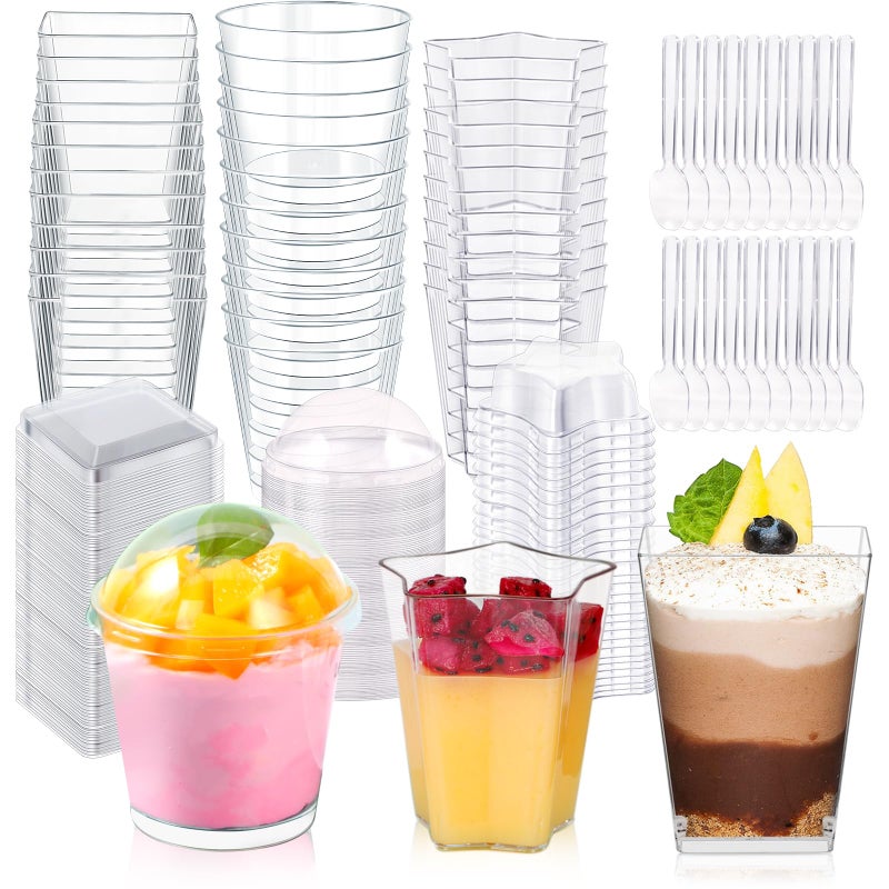 ALEXPRE 450 Pack Plastic Dessert Cups With Lids and Spoons  SquareRoundFivePointed Star 3 Styles Clear Parfait Cups for Serving Fruit Pudding Yogurt 56oz