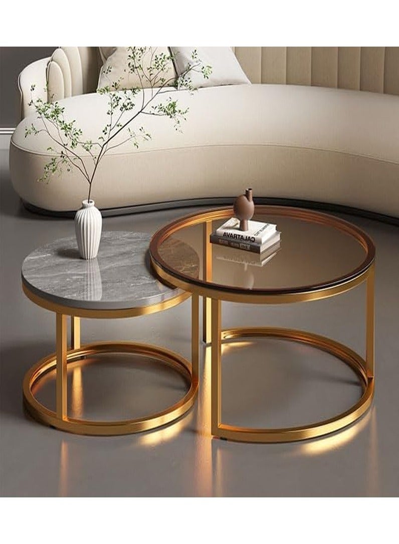 DubaiGallery Coffee Table Set of 2 Coffee Tables - Elegant Stacking Sofa Side Table, Marble Texture & Metal Nesting End Tables for Living Room, Bedroom, Balcony - Round Stackable Design - Image 4
