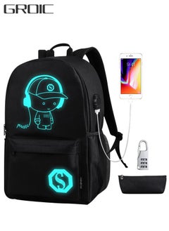 Luminous Hiking Cycling Waterproof Backpack for Boys Girls 15.6'' Laptop Bag with USB Charging Port Anti-theft Lock Pencil Case Black