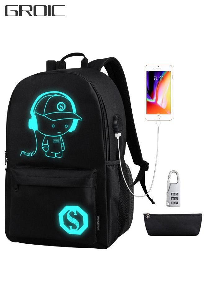 GROIC - Luminous Hiking Cycling Waterproof Backpack for Boys Girls 15.6'' Laptop Bag with USB Charging Port Anti-theft Lock Pencil Case Black - Image 1
