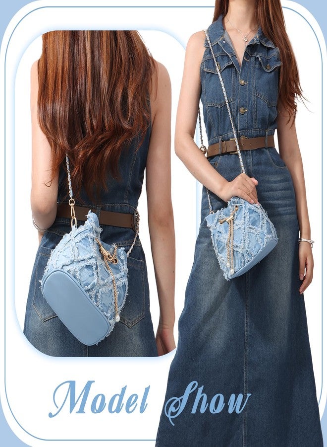 SUKUTU Denim Bucket Bag for Women Trendy Jean Purse Drawstring Crossbody Shoulder Bag Hobo Bag - Image 2