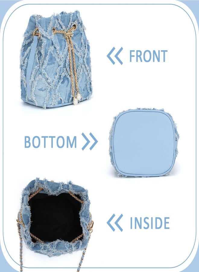 SUKUTU Denim Bucket Bag for Women Trendy Jean Purse Drawstring Crossbody Shoulder Bag Hobo Bag - Image 3