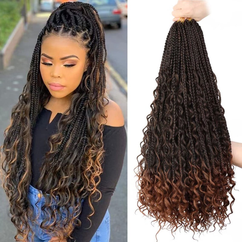 LMZIM Bohemian Box Braids Crochet Hair 18 Inch Goddess Box Braids Crochet Hair for Black Women 8 Packs Boho Box Braids with Curly Ends 3X Crochet Braids Synthetic Braiding Hair T1B/30 - Image 1