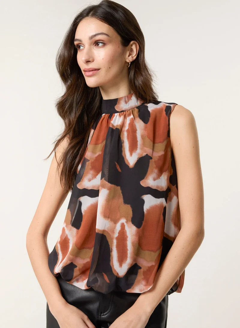 Blue Vanilla Printed Sleeveless Puff Hem Blouse
