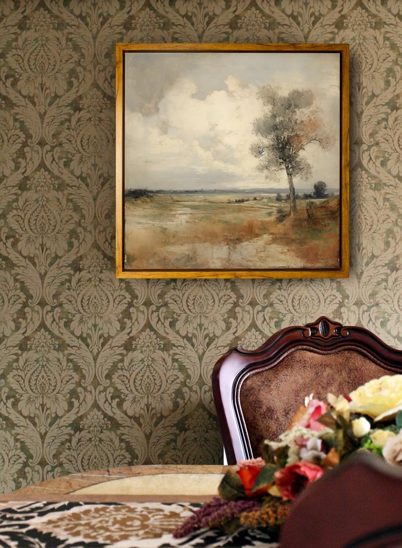 لوحة كانفاس على إطار خشبي بإطار خارجي باللون الخشبي وتصميم كلاسيكي لمنظر للأشجار - Image 1