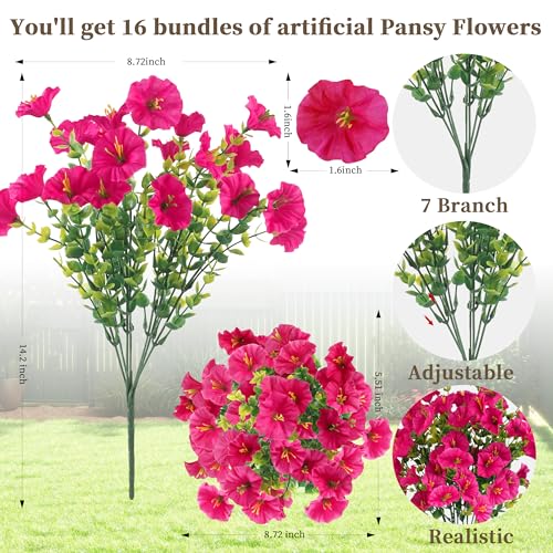 ColoPlay 16PCS Artificial Fake Flowers for Outdoors/Indoors, Faux Silk Colorful Morning Glory with Eucalyptus, UV Resistant Realistic Floral Arrangement for Garden Porch Window Box Home Balcony Yard (8 Colors) - Image 2