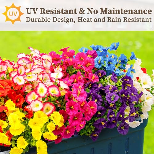 ColoPlay 16PCS Artificial Fake Flowers for Outdoors/Indoors, Faux Silk Colorful Morning Glory with Eucalyptus, UV Resistant Realistic Floral Arrangement for Garden Porch Window Box Home Balcony Yard (8 Colors) - Image 4