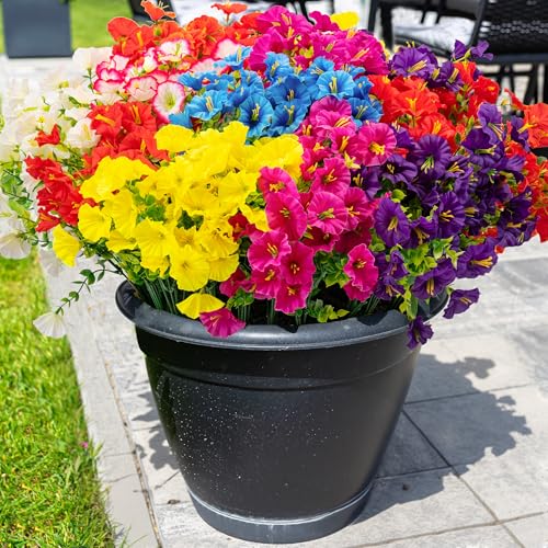 ColoPlay 16PCS Artificial Fake Flowers for Outdoors/Indoors, Faux Silk Colorful Morning Glory with Eucalyptus, UV Resistant Realistic Floral Arrangement for Garden Porch Window Box Home Balcony Yard (8 Colors) - Image 1