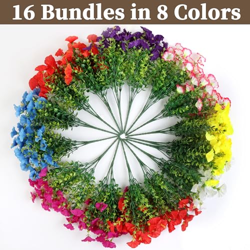 ColoPlay 16PCS Artificial Fake Flowers for Outdoors/Indoors, Faux Silk Colorful Morning Glory with Eucalyptus, UV Resistant Realistic Floral Arrangement for Garden Porch Window Box Home Balcony Yard (8 Colors) - Image 3