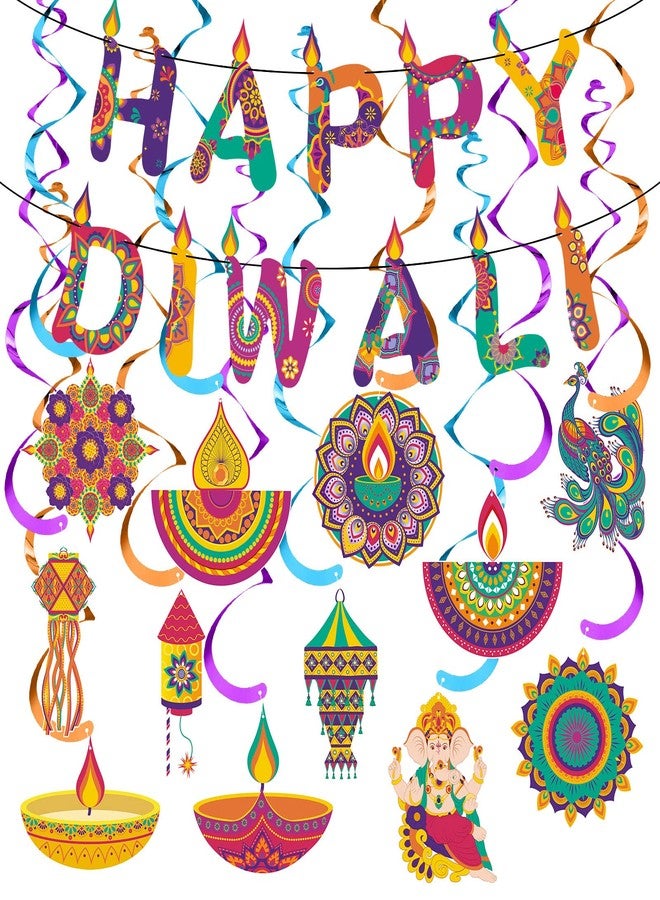 Lincia 38 Pcs Diwali Party Decorations for Home Happy Diwali Banner Deepavali Hanging Swirls Kit Festival Lights Party Decorations Indian Party Supplies Indoor Outdoor Decor - Image 1