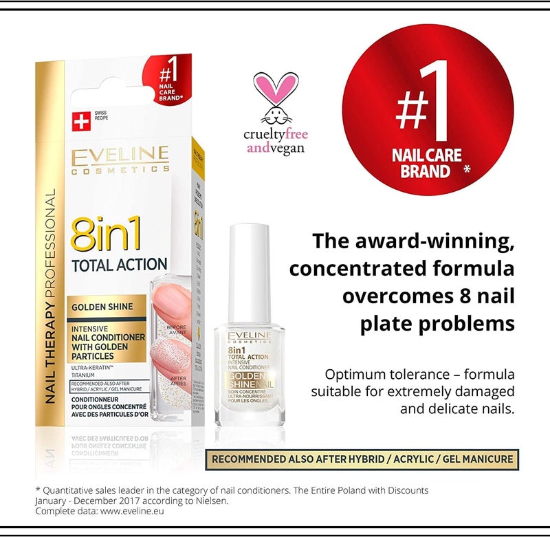 إيفلين كوزماتيكس بلسم الأظافر المكثف جولدن شاين من إيفلين كوزمتكس 8 في 1، فعالية كاملة، عبوة من قطعتين، 12 مل، يقوي ويصلح ويستعيد لمعانًا طبيعيًا - Image 2