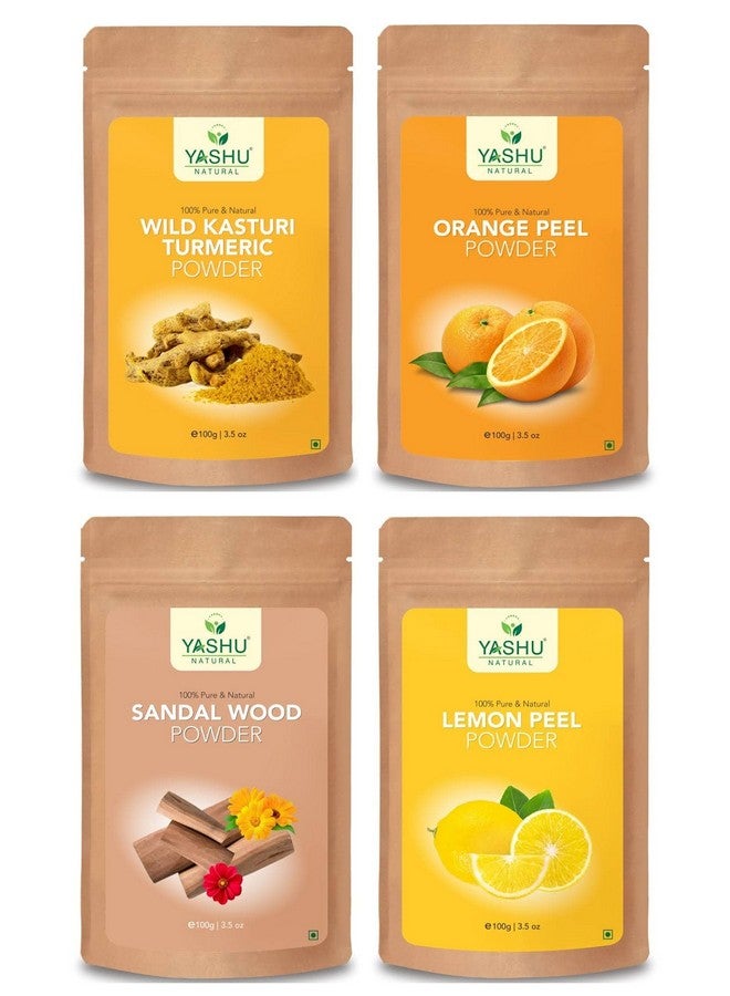YASHU Organic Lemon Peel Orange Peel Kasturi Turmeric Haldi Sandalwood Face Powder For Glowing Skin | Detan & Brightening Combo Pack Of 4 (400Gm) - Image 1