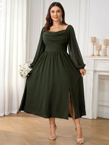 SHESTARR Women's Plus Size Dress Chiffon Long Sleeve Cowl Neck Wedding Guest Cocktail Party Maxi Dress Army Green - Image 4