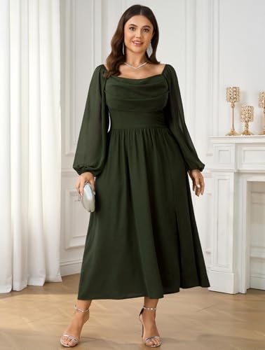 SHESTARR Women's Plus Size Dress Chiffon Long Sleeve Cowl Neck Wedding Guest Cocktail Party Maxi Dress Army Green - Image 5