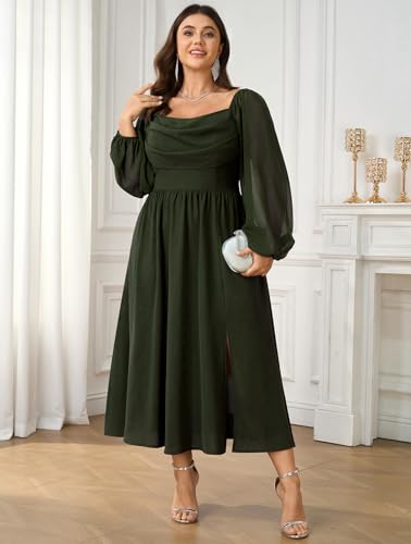 SHESTARR Women's Plus Size Dress Chiffon Long Sleeve Cowl Neck Wedding Guest Cocktail Party Maxi Dress Army Green - Image 2