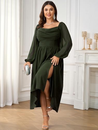 SHESTARR Women's Plus Size Dress Chiffon Long Sleeve Cowl Neck Wedding Guest Cocktail Party Maxi Dress Army Green - Image 3