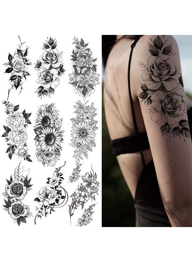 9Pcs Black and White Flower Tattoo Stickers, Temporary Tattoo Stickers, Rose Peony Sunflower Lily Tattoo Stickers for Women Girl Adult  - Image 1
