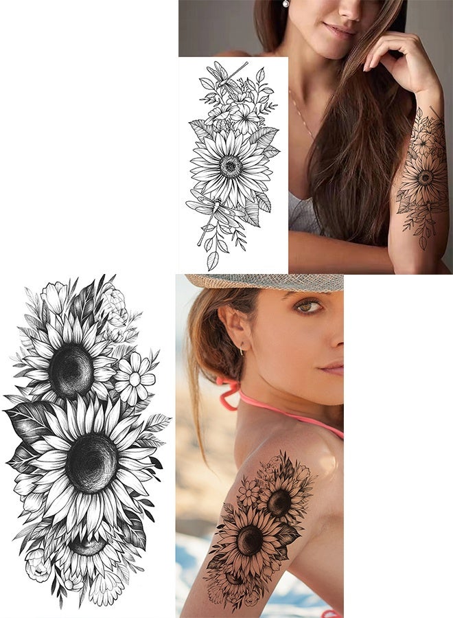 9Pcs Black and White Flower Tattoo Stickers, Temporary Tattoo Stickers, Rose Peony Sunflower Lily Tattoo Stickers for Women Girl Adult  - Image 5