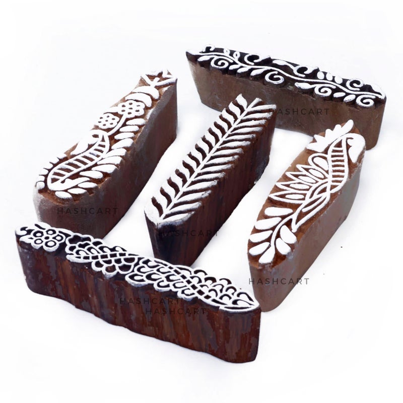 HASHCART Pottery Printing Blocks Stylish Border Pattern Wooden Stamps Set of 5 Handcarved Indian Textile Printing Blocks Wooden Clay Stamps for Crafting on Fabric Card