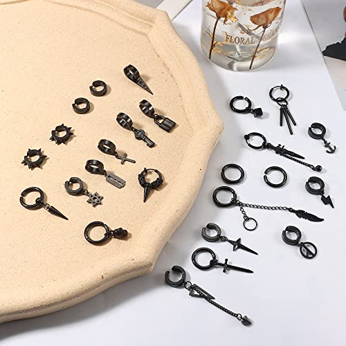 Thunaraz 25 Pcs Clip on Earrings for Men Stainless Steel Cross Chain Dangle Earrings Black Fake Earrings for Men Women Non Pierced Huggie Hoop Earrings Set - Image 5