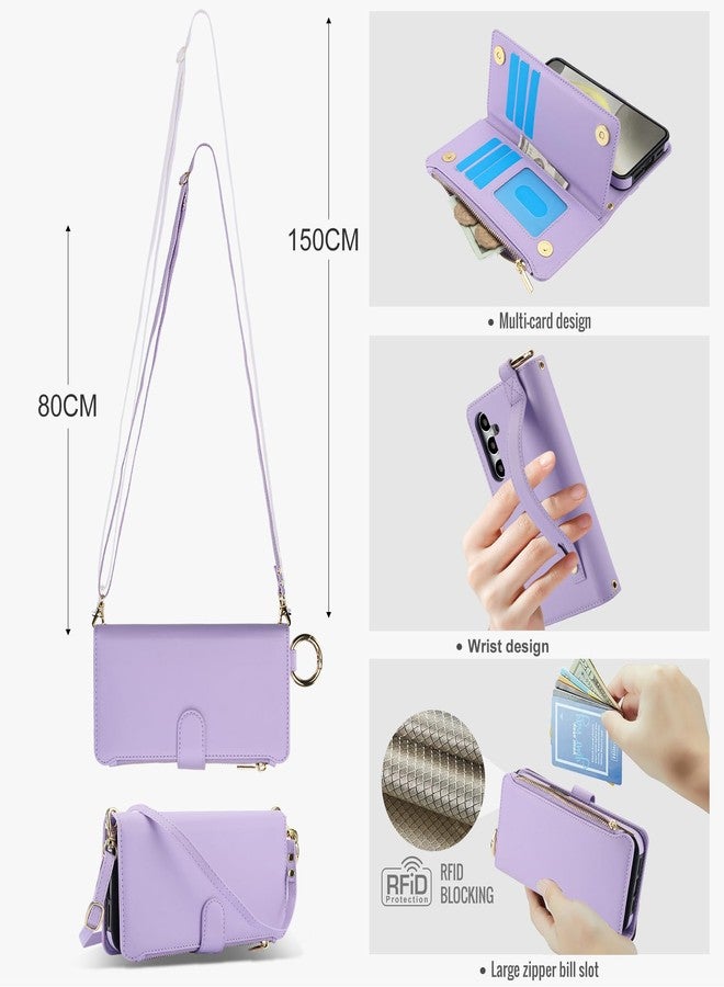 Asuwish Phone Case for Samsung Galaxy A15 5G/4G Zipper Wallet with Tempered Glass Screen Protector Crossbody Strap Card Holder RFID Blocking Stand Flip Cell Cover A 15 G5 15A Women Girls Violet - Image 3