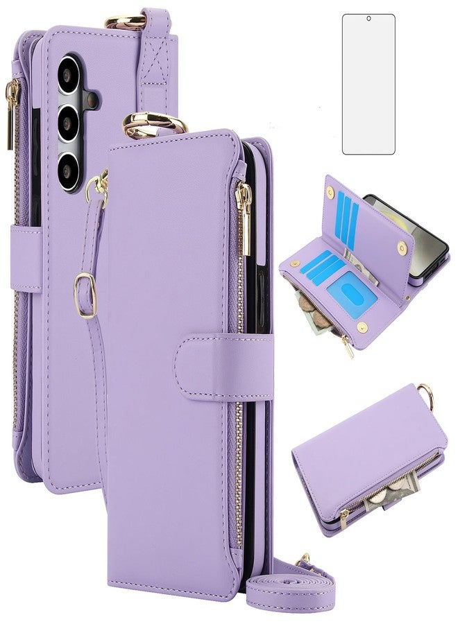 Asuwish Phone Case for Samsung Galaxy A15 5G/4G Zipper Wallet with Tempered Glass Screen Protector Crossbody Strap Card Holder RFID Blocking Stand Flip Cell Cover A 15 G5 15A Women Girls Violet - Image 1